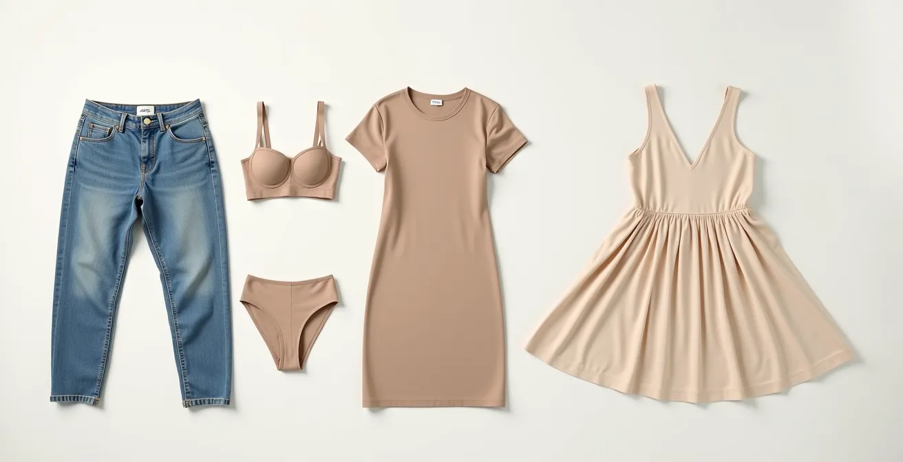 Composition minimaliste montrant différents types de vêtements féminins avec leurs culottes adaptées dans une harmonie de couleurs neutres