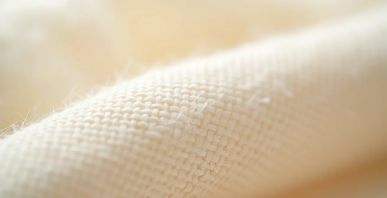 Détail macro d'un tissu en coton biologique montrant la texture douce et naturelle des fibres