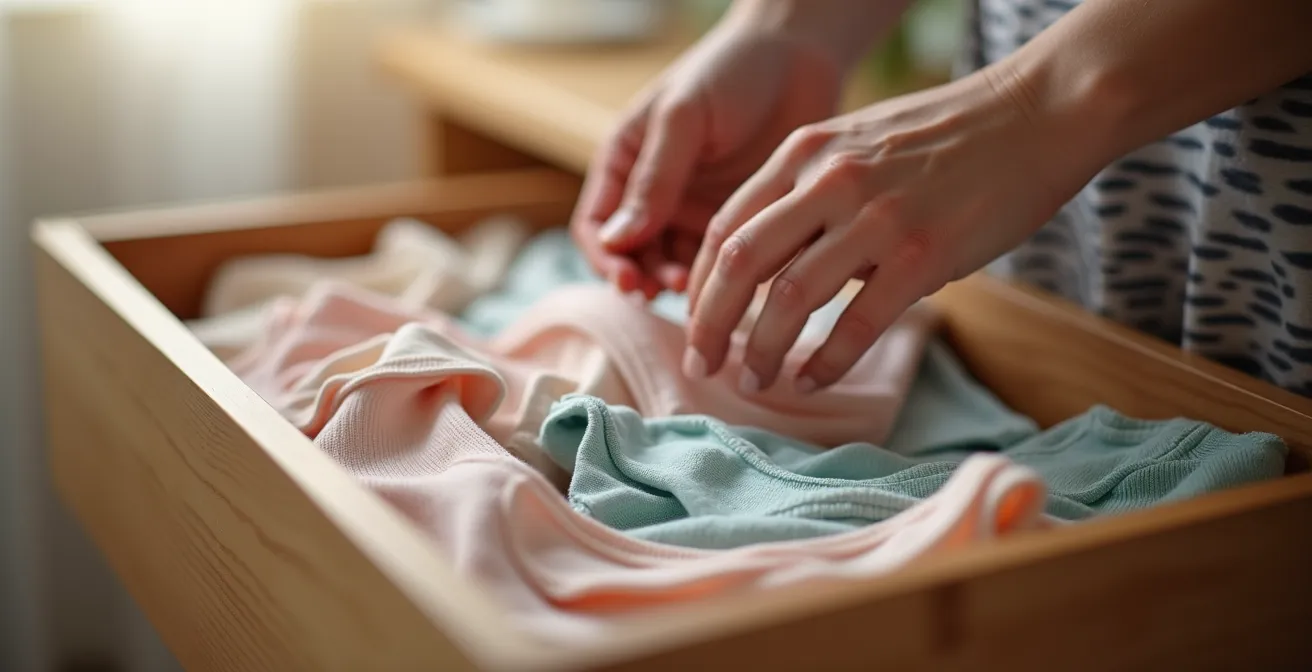 Mains féminines organisant délicatement un tiroir de lingerie avec différentes culottes pliées dans une lumière douce