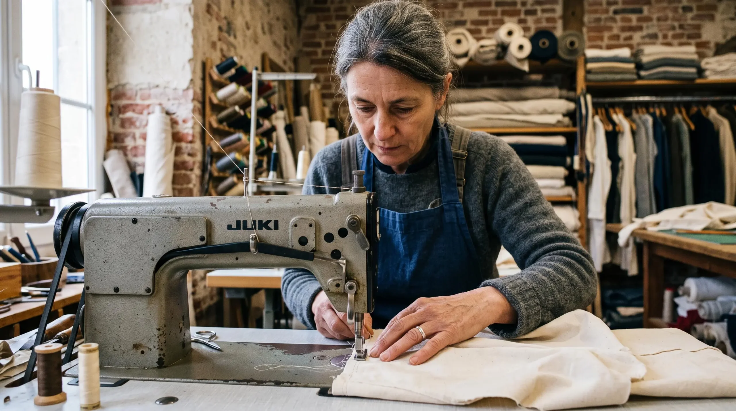 Une couturière coud un tissu de coton biologique sur une machine industrielle dans un atelier textile français.