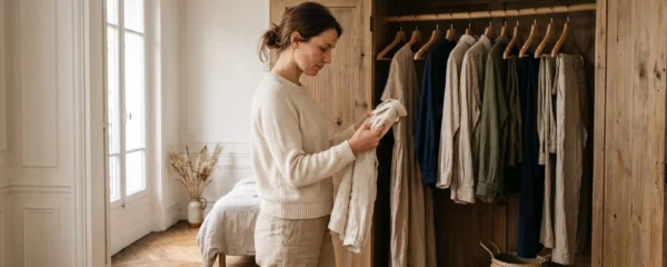 Une femme trie une garde-robe capsule d'une dizaine de vêtements en matières naturelles devant une penderie en bois dans un appartement lumineux.
