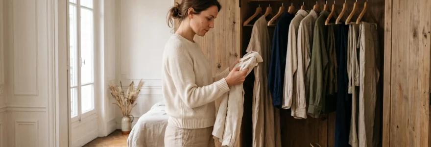 Une femme trie une garde-robe capsule d'une dizaine de vêtements en matières naturelles devant une penderie en bois dans un appartement lumineux.