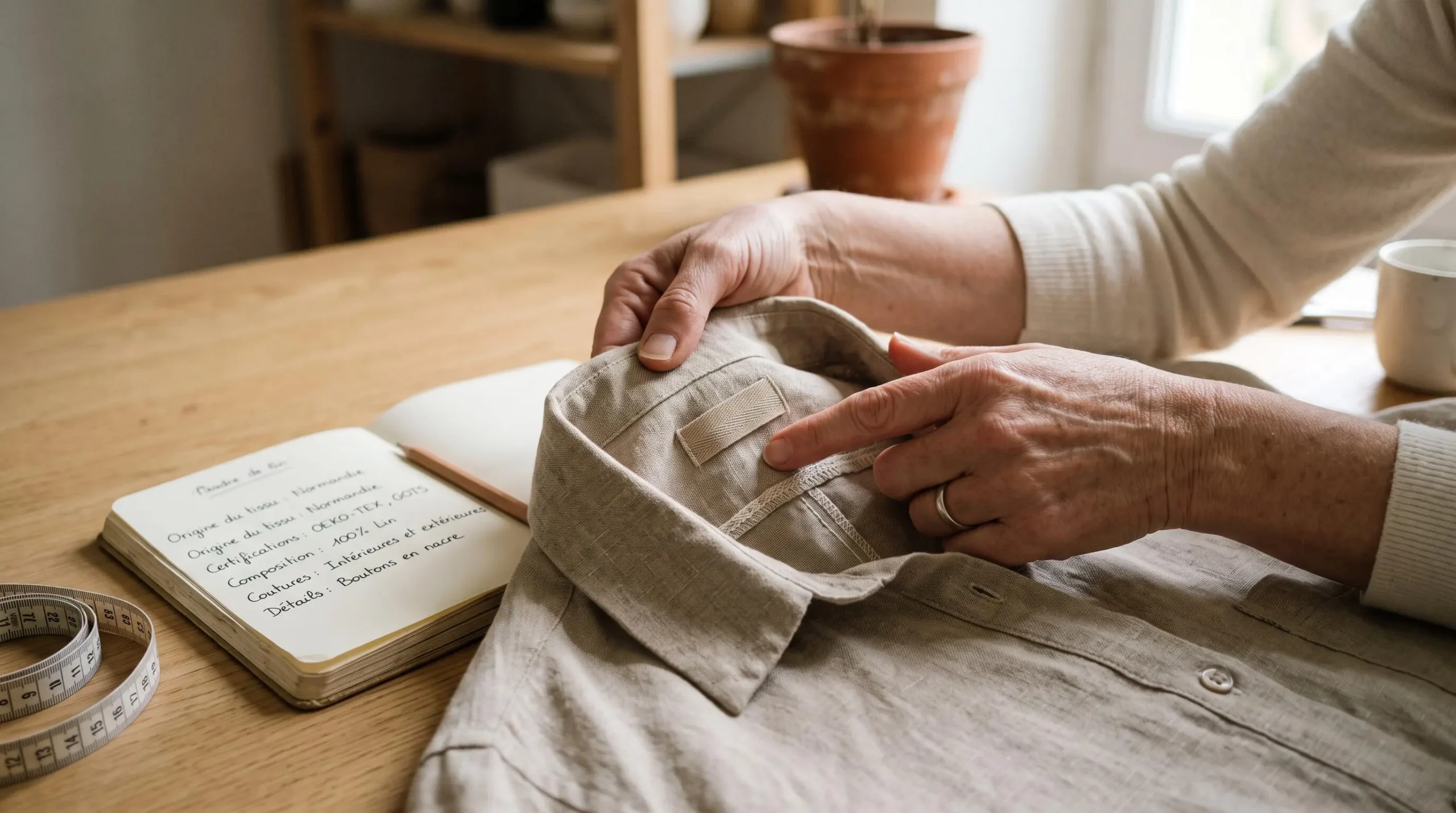 Des mains examinent l'étiquette et les coutures d'une chemise en lin posée sur une table avec un carnet de critères.